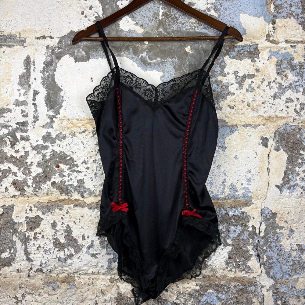 Vintage 80's Nan Flower Black Lace Bodysuit Red Bows Nylon Teddy Medium